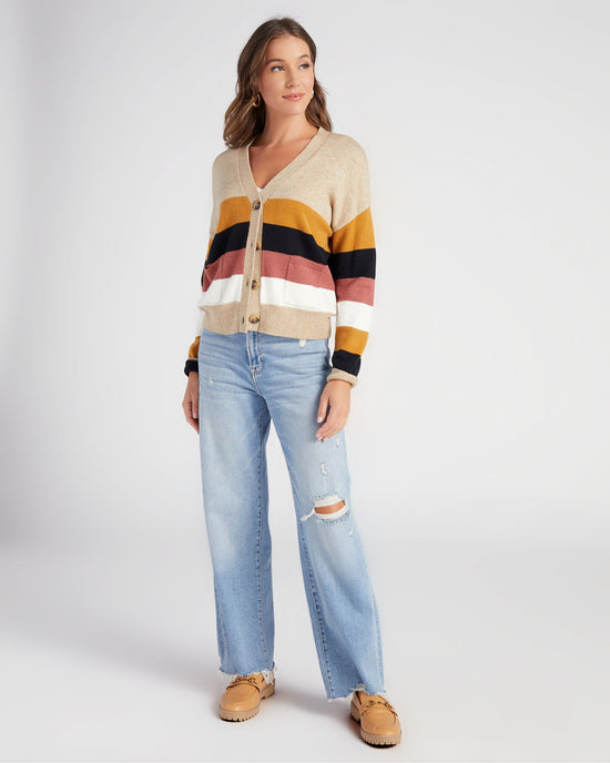 Oatmeal $|& Vigoss Striped Button Front Cardigan - SOF Full Front