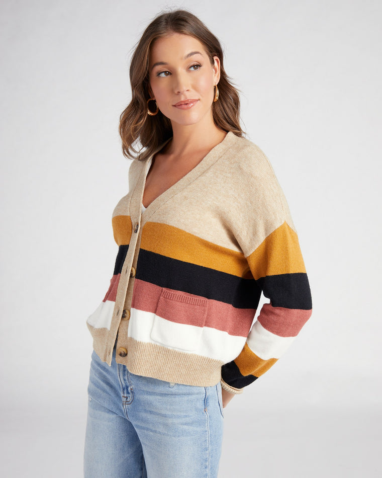 Oatmeal $|& Vigoss Striped Button Front Cardigan - SOF Front