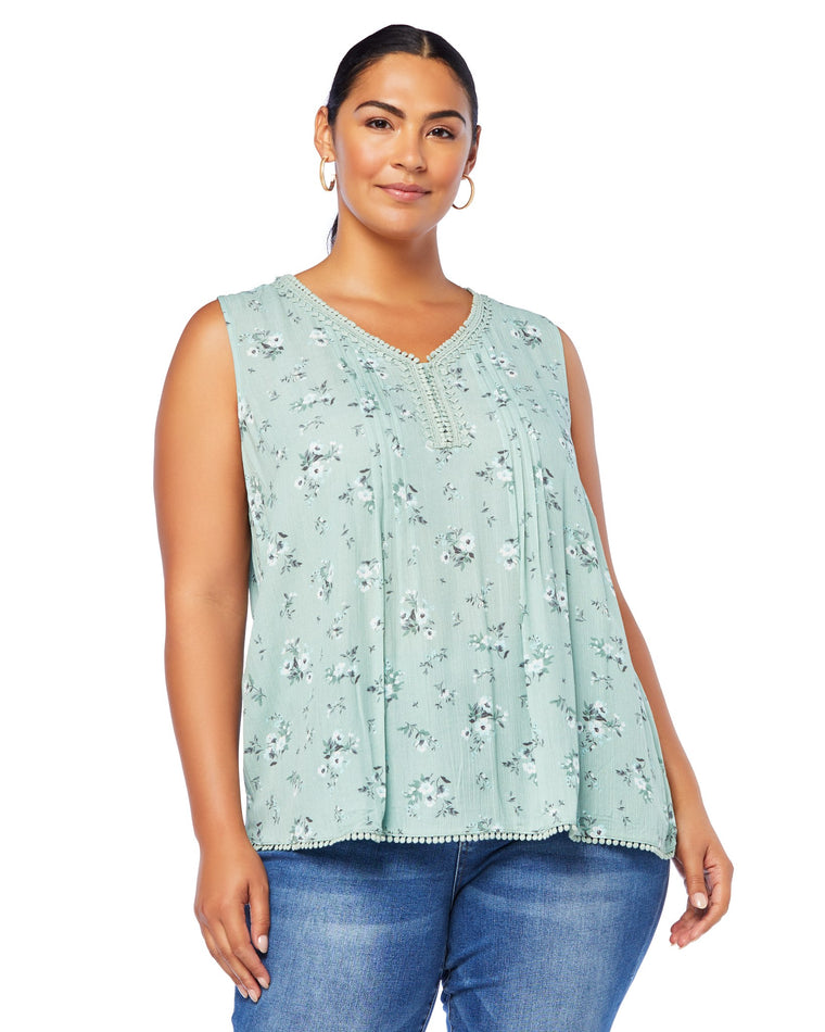 Sage $|& Skies Are Blue Flower Print Trim Detail Blouse - SOF Front
