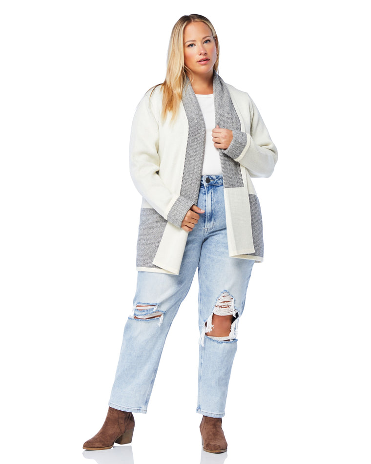 Ivory/Blk $|& Skies Are Blue Colorblock Drape Sweater Cardigan - SOF Front
