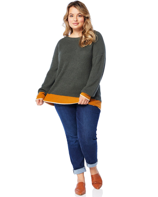 Olive/Mustard $|& Skies Are Blue Colorblock Sweater - SOF Full Front