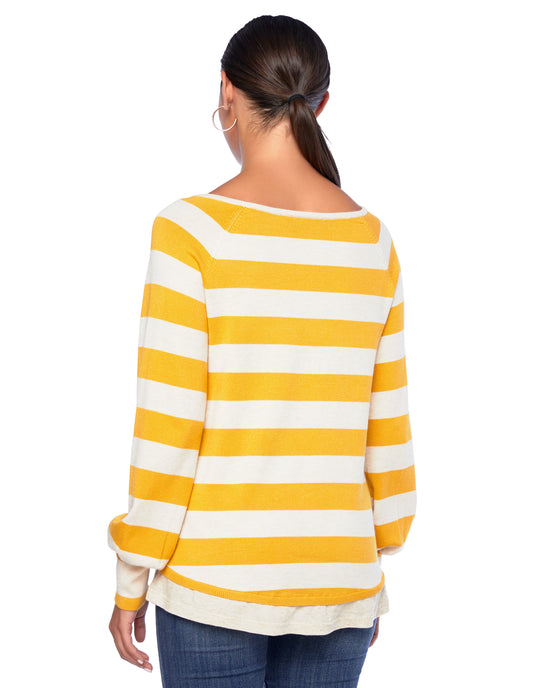Ivory/Mustard $|& Skies Are Blue Pleated Shoulder Striped Knit Sweater - SOF Back