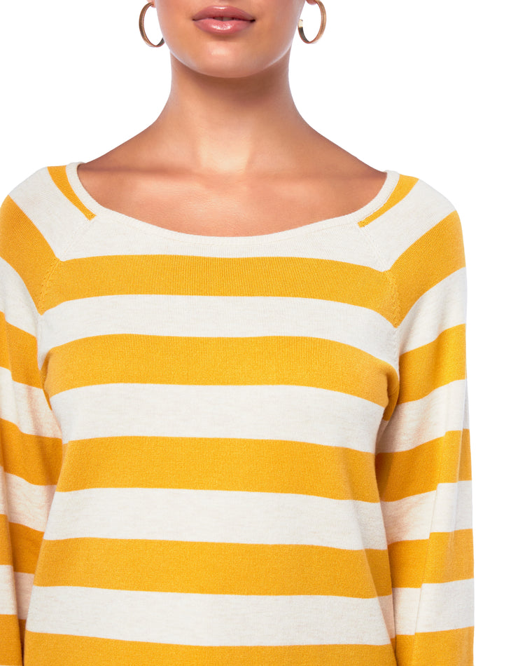 Ivory/Mustard $|& Skies Are Blue Pleated Shoulder Striped Knit Sweater - SOF Detail
