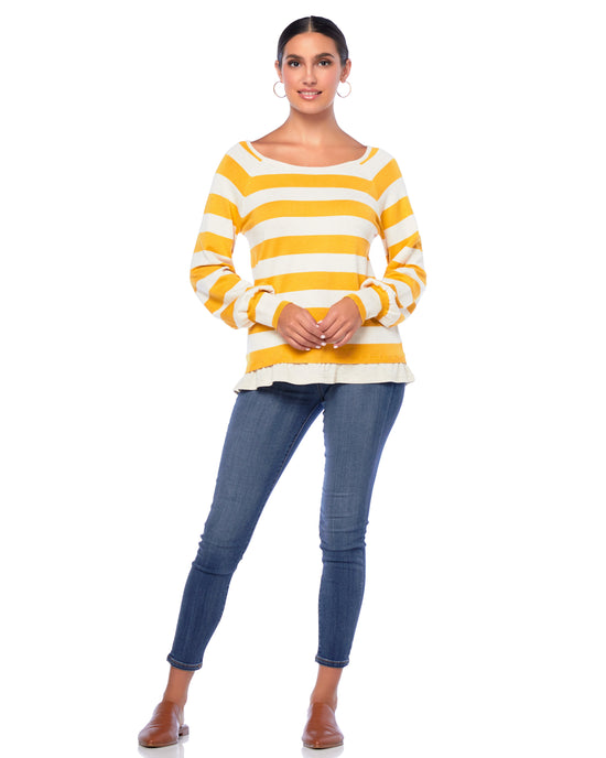 Ivory/Mustard $|& Skies Are Blue Pleated Shoulder Striped Knit Sweater - SOF Full Front