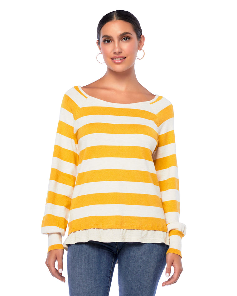 Ivory/Mustard $|& Skies Are Blue Pleated Shoulder Striped Knit Sweater - SOF Front