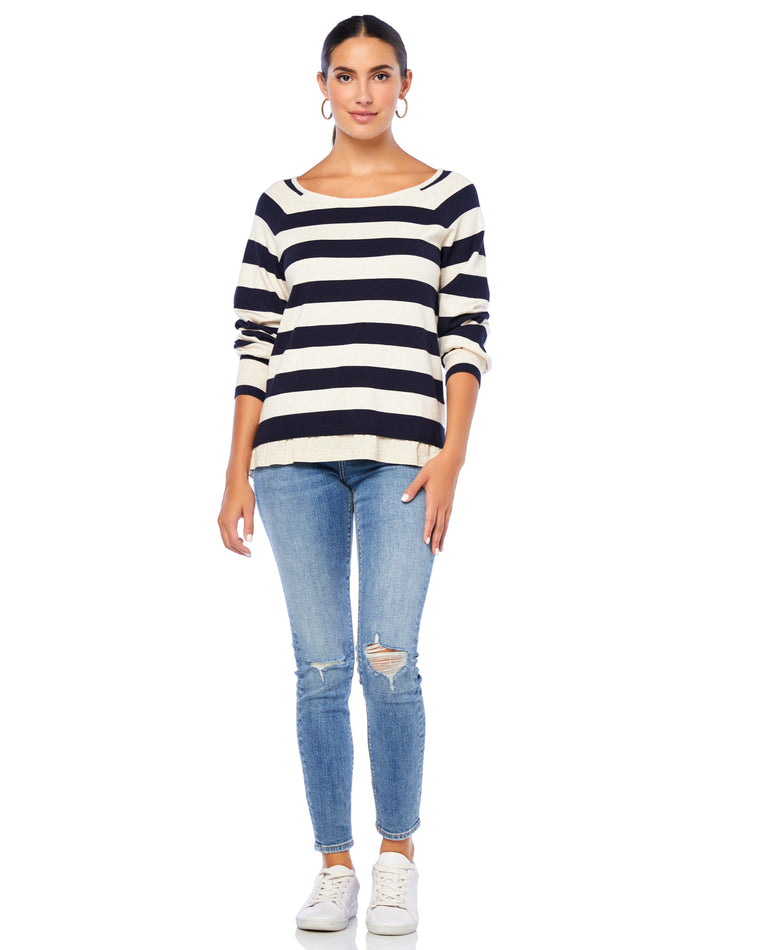 Ivory/Navy $|& Skies Are Blue Pleated Shoulder Striped Knit Sweater - SOF Full Front