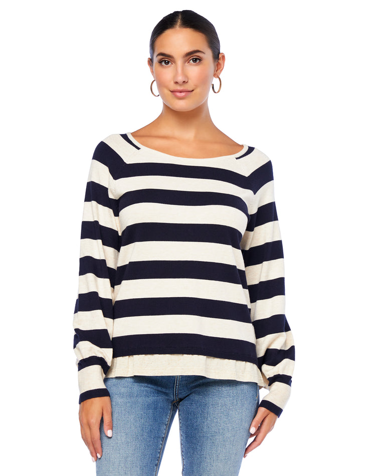 Ivory/Navy $|& Skies Are Blue Pleated Shoulder Striped Knit Sweater - SOF Front