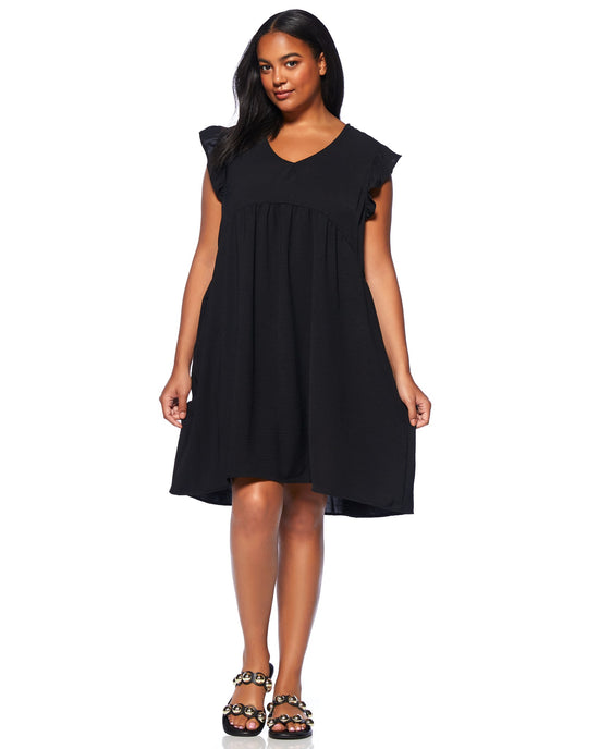 Black $|& Cotton Bleu Ruffle Sleeve V-Neck Dress - SOF Full Front