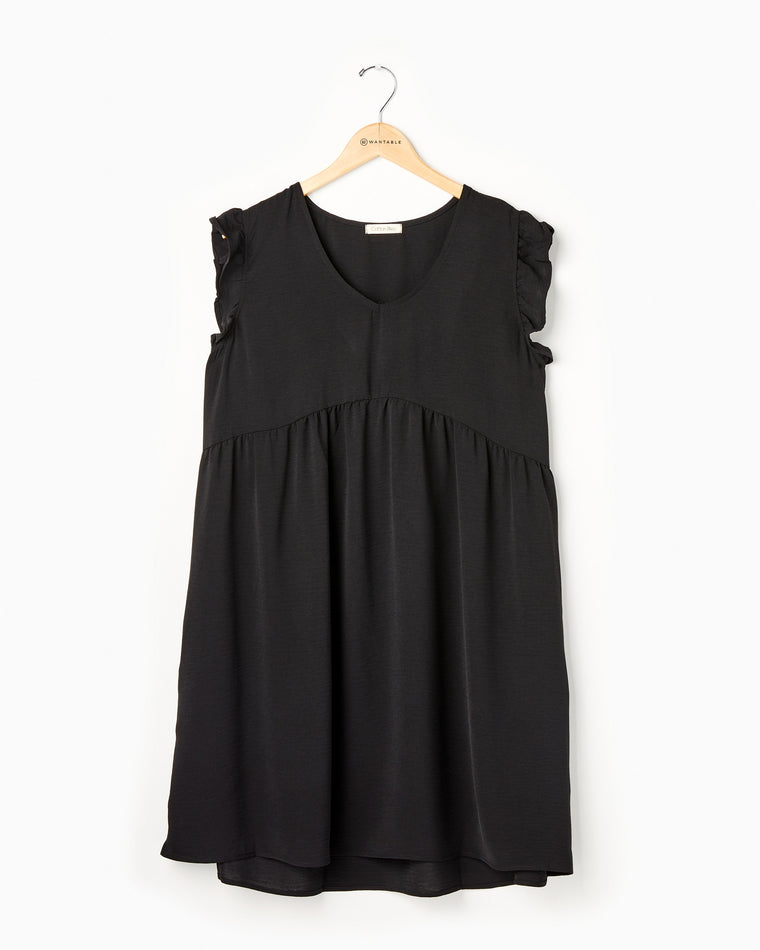 Black $|& Cotton Bleu Ruffle Sleeve V-Neck Dress - Hanger Front