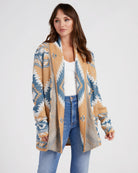 Brown $|& Woven Heart Shawl Collar Aztec Print Cardigan - SOF Front