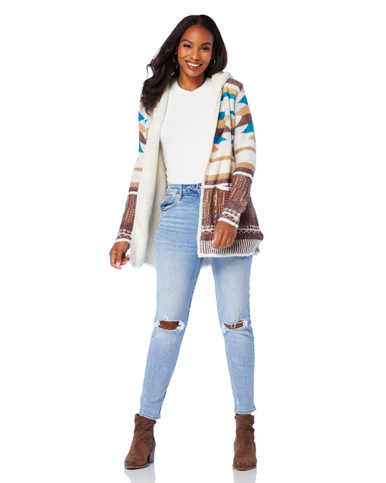 Ivory/Brown $|& Woven Heart Aztec Sherpa Lined Cardigan - SOF Front
