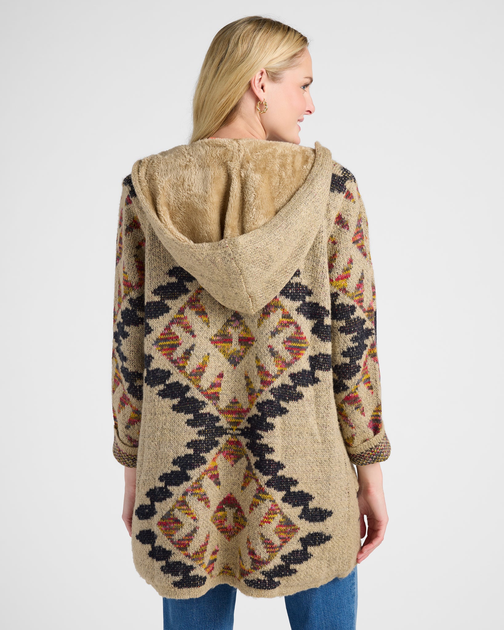 Oatmeal $|& Woven Heart Tribal Fleece Lined Hooded Cardigan - SOF Back
