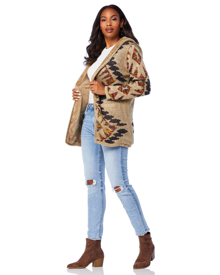 Oatmeal $|& Woven Heart Aztec Sherpa Lined Cardigan - SOF Front