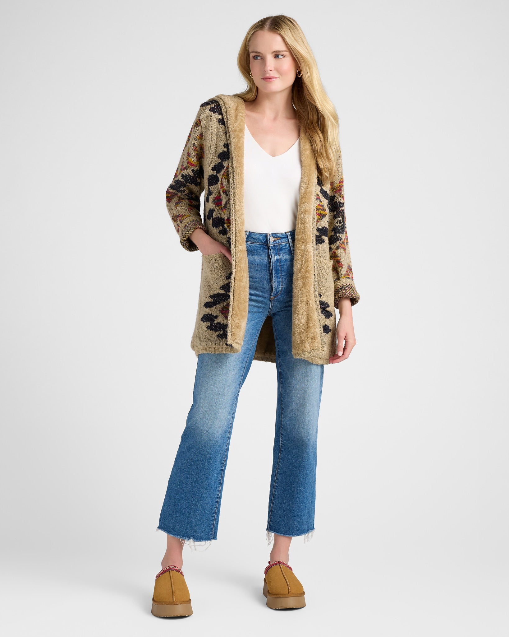 Women's Aztec Sherpa Lined Cardigan - Cozy Boho Knit – Wantable