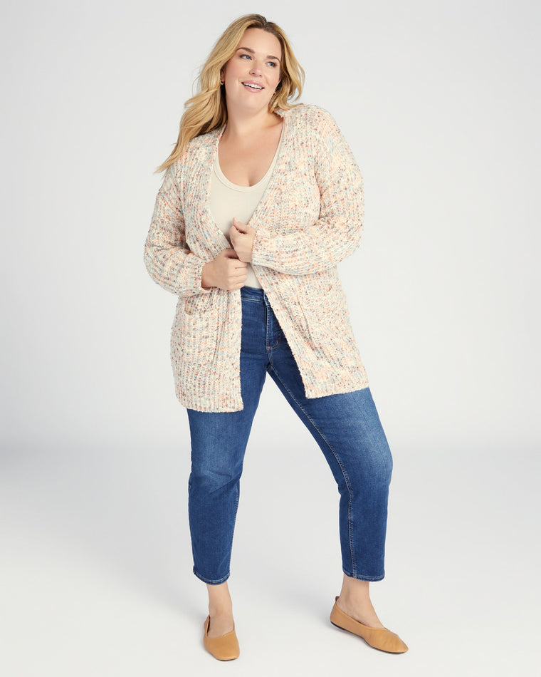 Marled Chenille Drop Shoulder Open Cardigan Ivory $|& Woven Heart Marled Chenille Drop Shoulder Open Cardigan - SOF Front