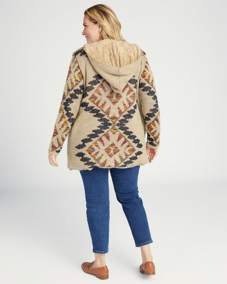 Oatmeal $|& Woven Heart Navajo Fleece Lined Hooded Cardigan - SOF Back