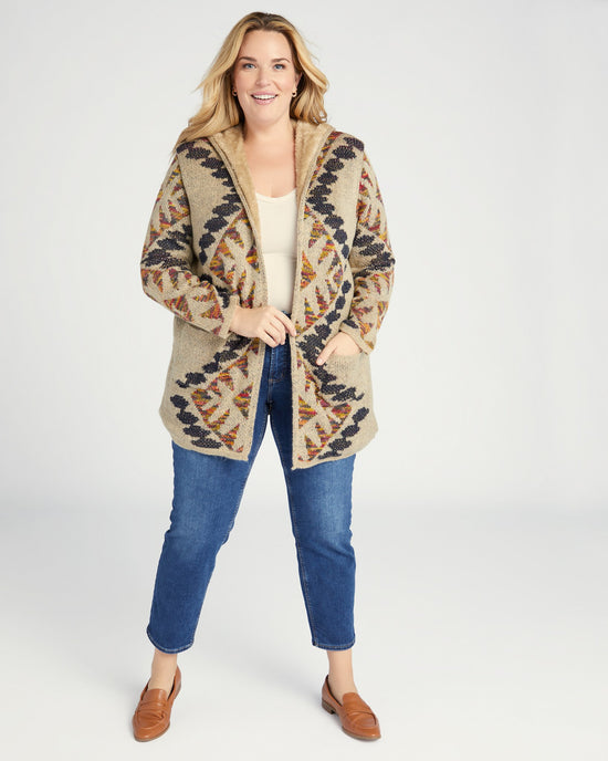 Oatmeal $|& Woven Heart Navajo Fleece Lined Hooded Cardigan - SOF Front
