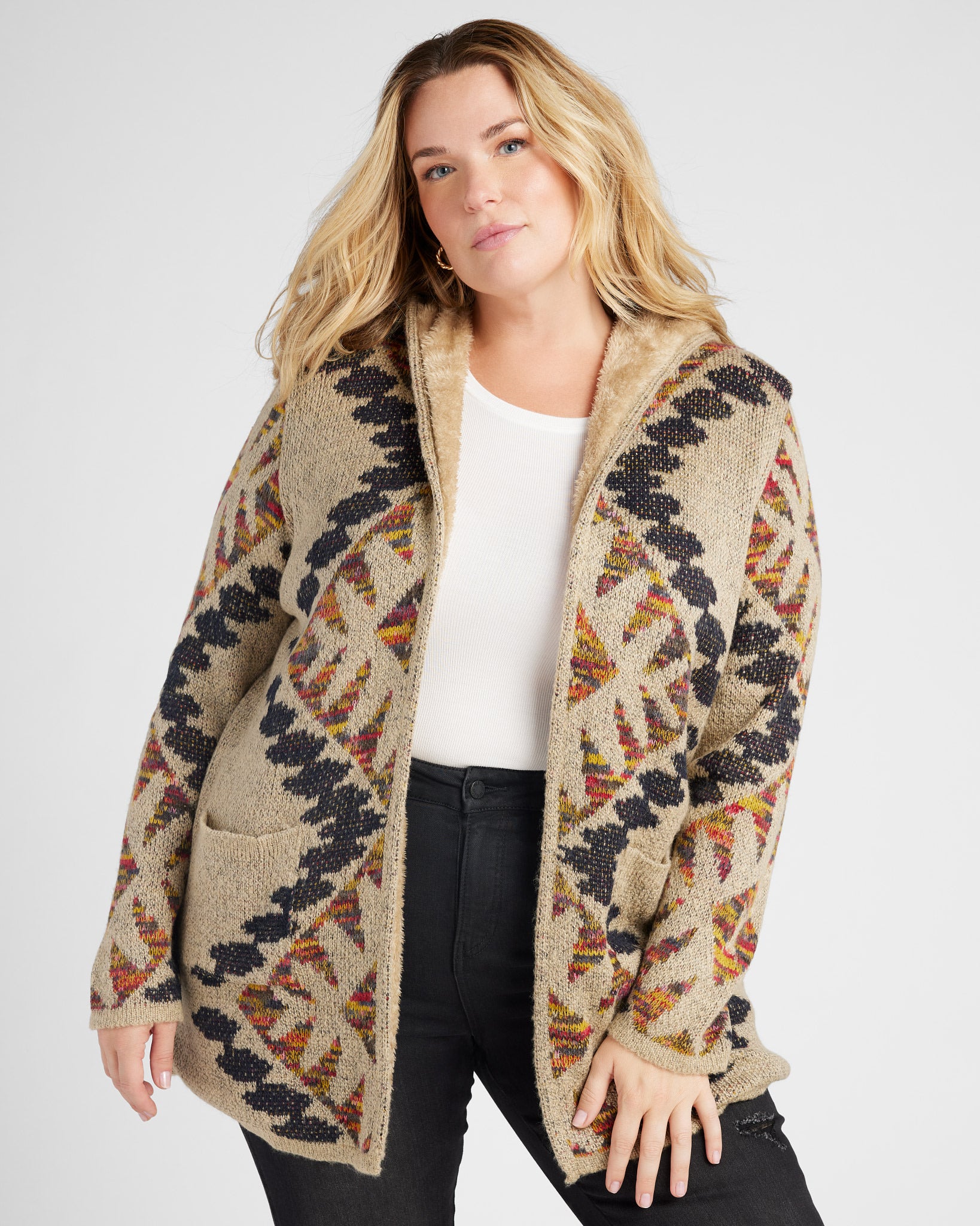 Oatmeal $|& Woven Heart Tribal Fleece Lined Hooded Cardigan - SOF Front
