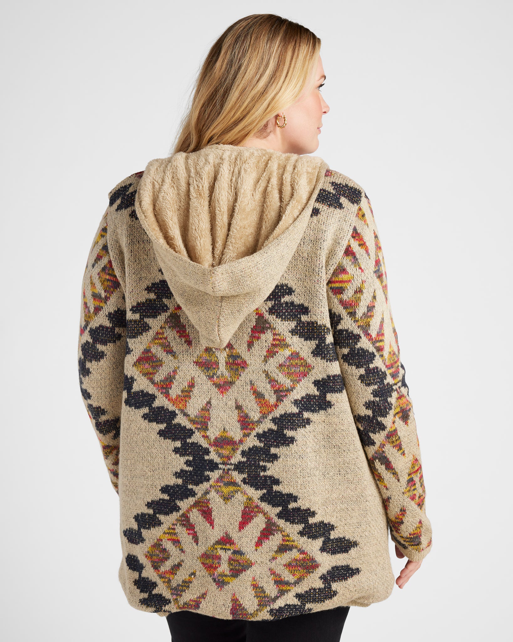 Oatmeal $|& Woven Heart Tribal Fleece Lined Hooded Cardigan - SOF Back