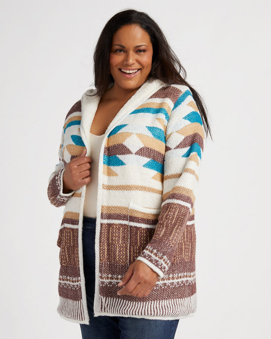 Ivry/Brwn $|& Woven Heart Navajo Fleece Lined Hooded Cardigan - SOF Front