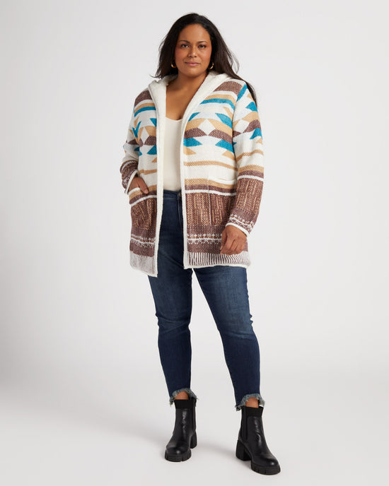 Ivry/Brwn $|& Woven Heart Navajo Fleece Lined Hooded Cardigan - SOF Full Front