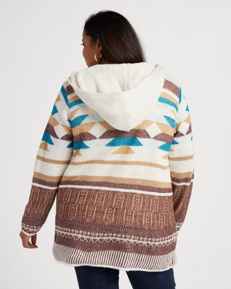 Ivry/Brwn $|& Woven Heart Navajo Fleece Lined Hooded Cardigan - SOF Back