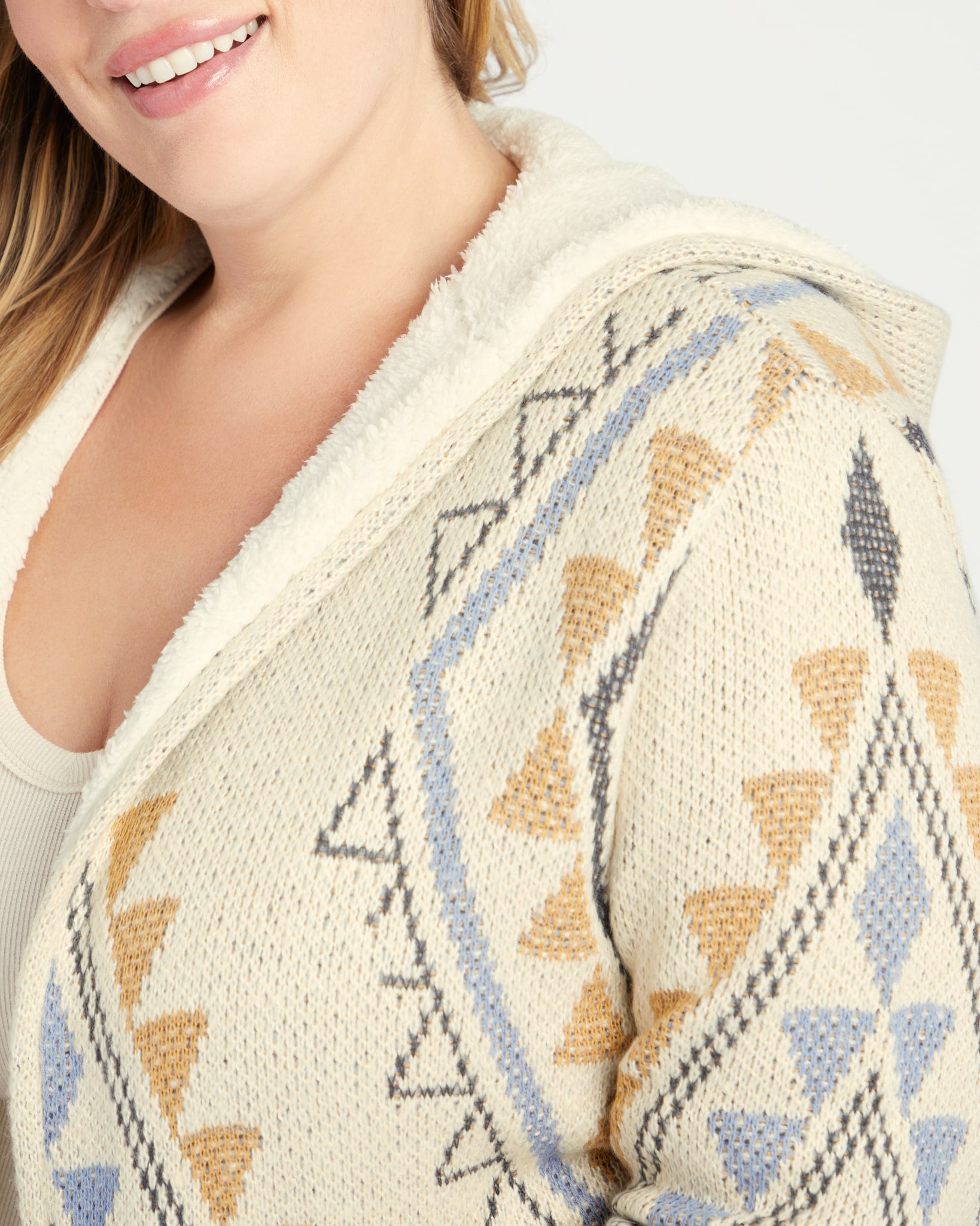 Ivory/Mustard $|& Woven Heart Tribal Fleece Lined Hooded Cardigan - SOF Detail