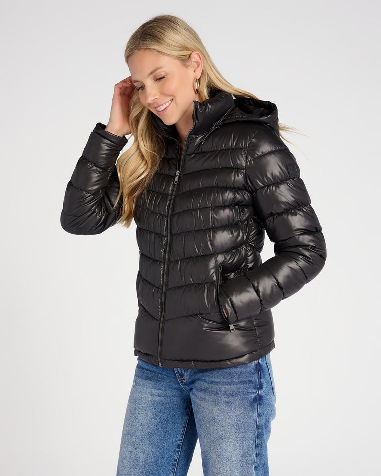 Black $|& Kenneth Cole Hooded Packable Puffer Coat - SOF Front