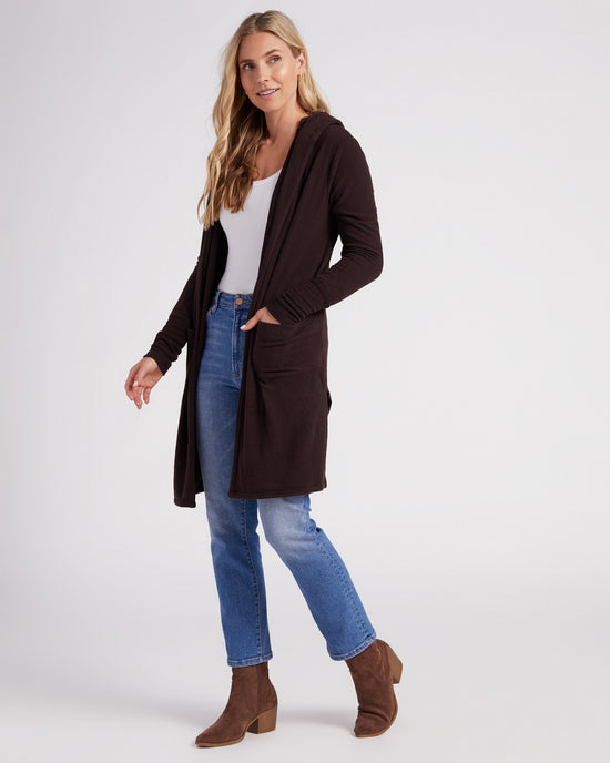 Dark Brown $|& Theo & Spence/W. by Wantable Solid Yummy Hoodie Cardigan - SOF Front