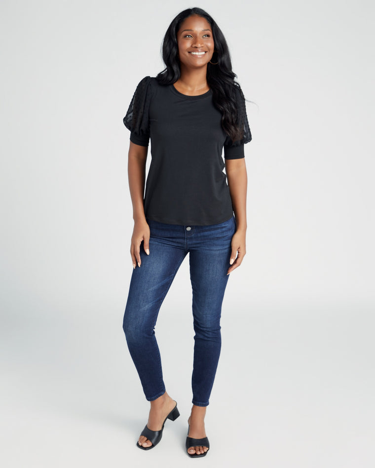 Black $|& Les Amis Dressy Knit Top with Swiss Dot Sleeve - SOF Full Front
