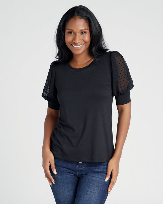Black $|& Les Amis Dressy Knit Top with Swiss Dot Sleeve - SOF Front