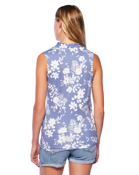 Denim/Ivory $|& Loveappella Floral Wrap Front Sleeveless Top - SOF Detail