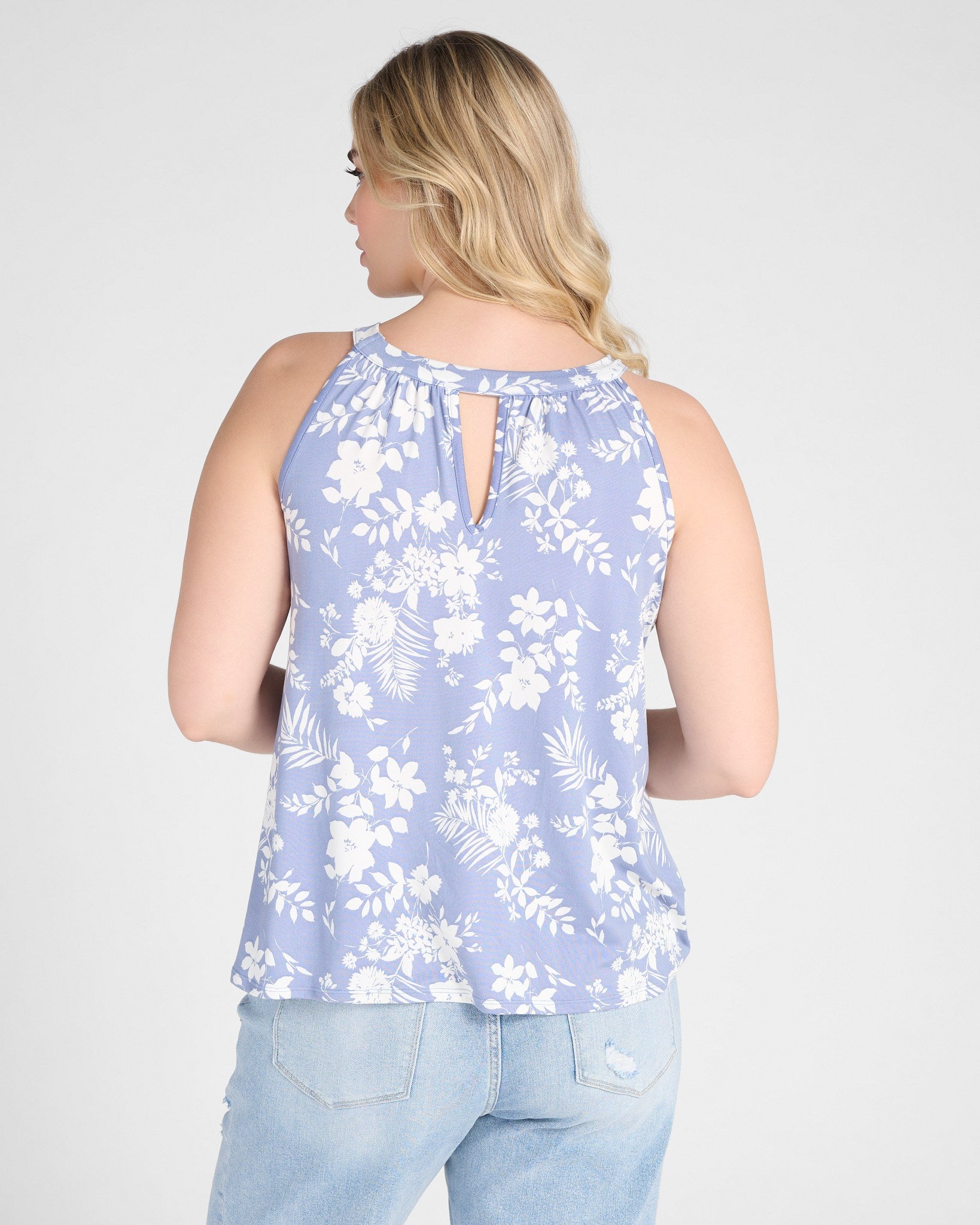 Denim/Ivory $|& Loveappella Floral Halter Tank - SOF Back