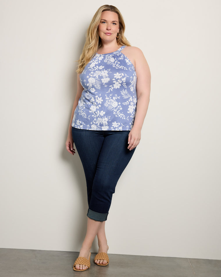 Denim/Ivory $|& Loveappella Floral Halter Tank - UGC On Fig