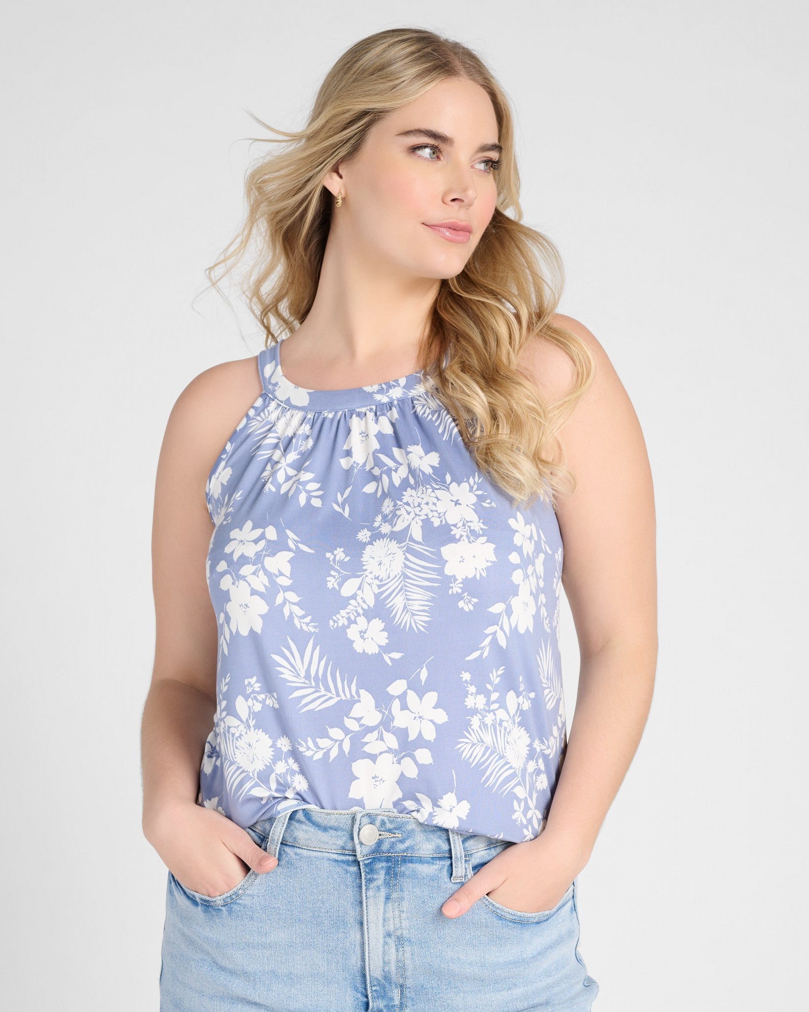Denim/Ivory $|& Loveappella Floral Halter Tank - SOF Front
