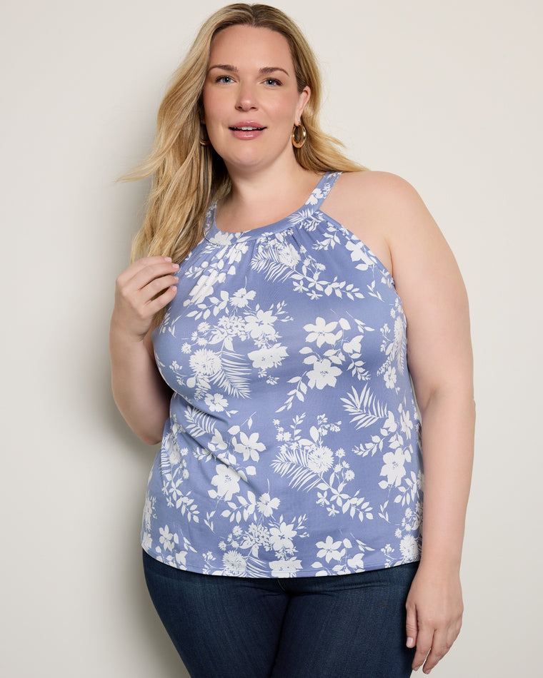 Denim/Ivory $|& Loveappella Floral Halter Tank - SOF Front