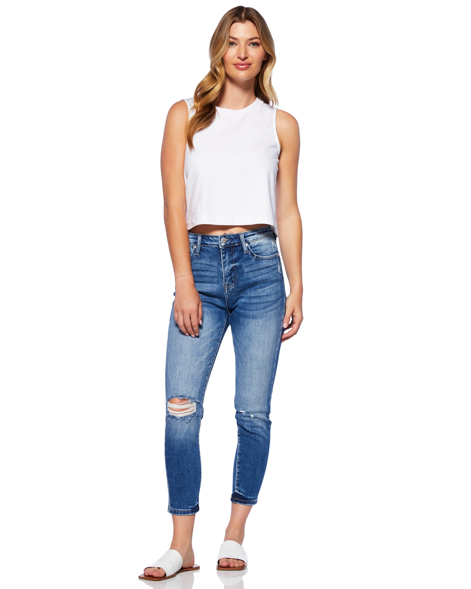 Dark Blue $|& Ceros Jeans High Rise Distressed Ankle Skinny - SOF Full Front