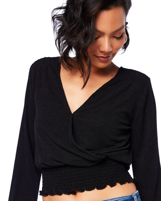Black $|& West Kei Textured Sweater Knit Surplice Top - SOF Detail