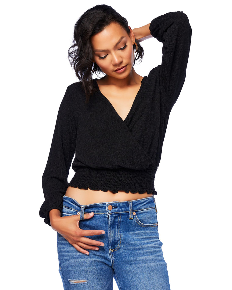 Black $|& West Kei Textured Sweater Knit Surplice Top - SOF Front