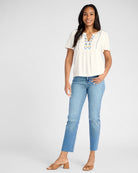 White $|& Skies Are Blue Embroidered Short Sleeve Top - SOF Full Front