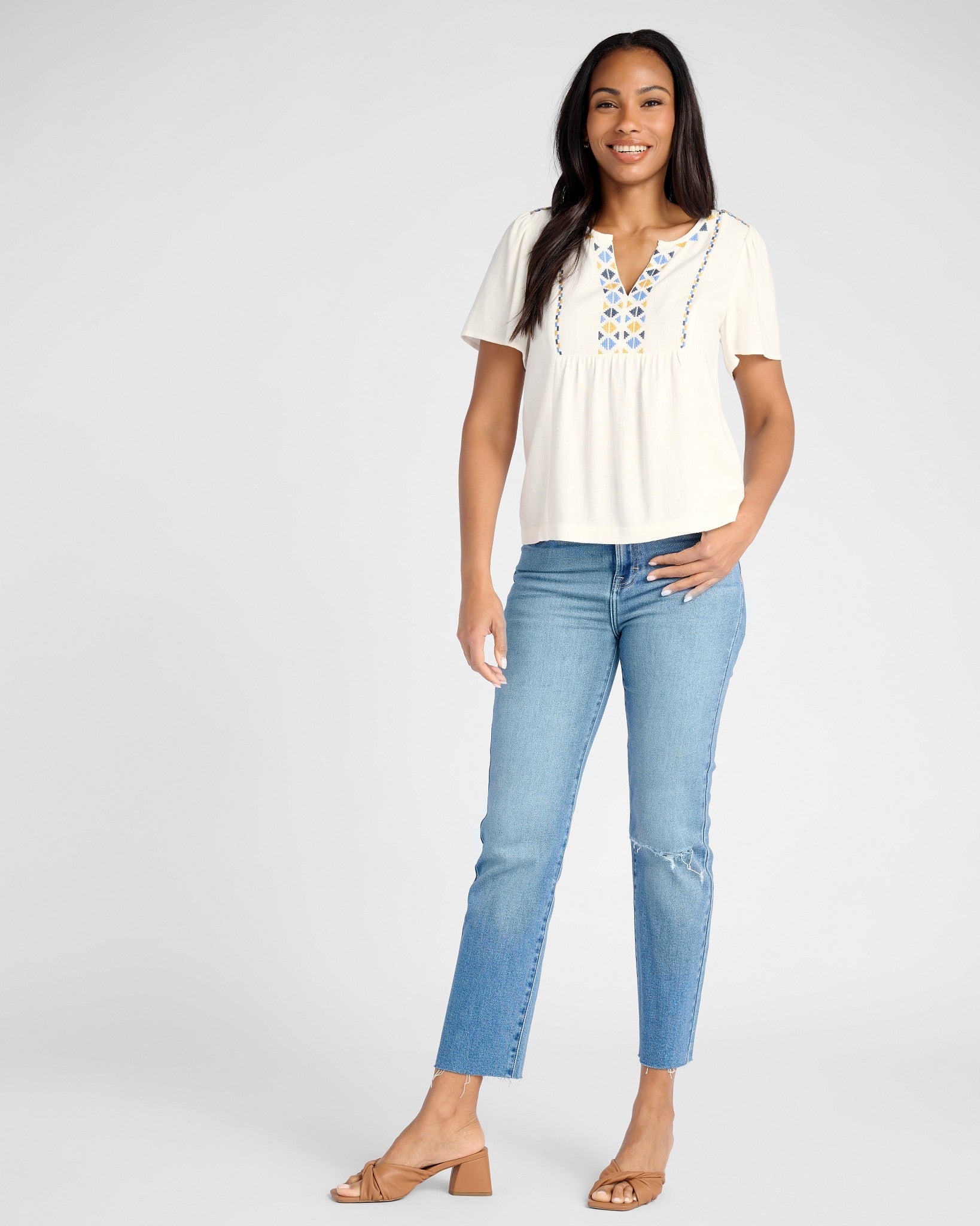 White $|& Skies Are Blue Embroidered Short Sleeve Top - SOF Full Front