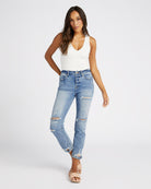 Medium Wash $|& Vigoss Frankie Slim Straight Jeans with Hidden Button Fly - SOF Full Front