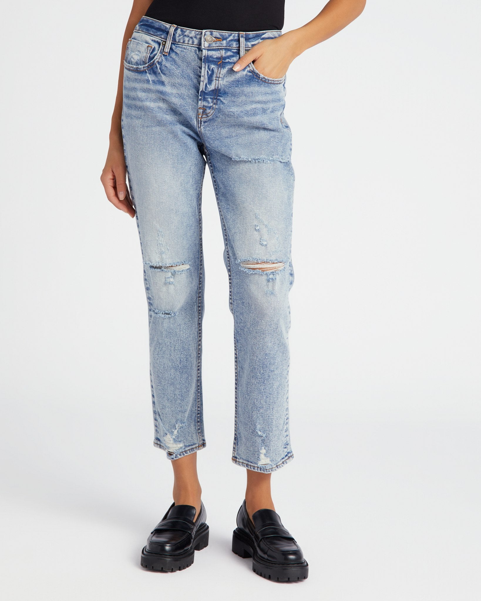 Medium Wash $|& Vigoss Frankie Slim Straight Jeans with Hidden Button Fly - SOF Front