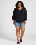 Black $|& West Kei V-Neck Top with Chiffon Sleeve - SOF Full Front