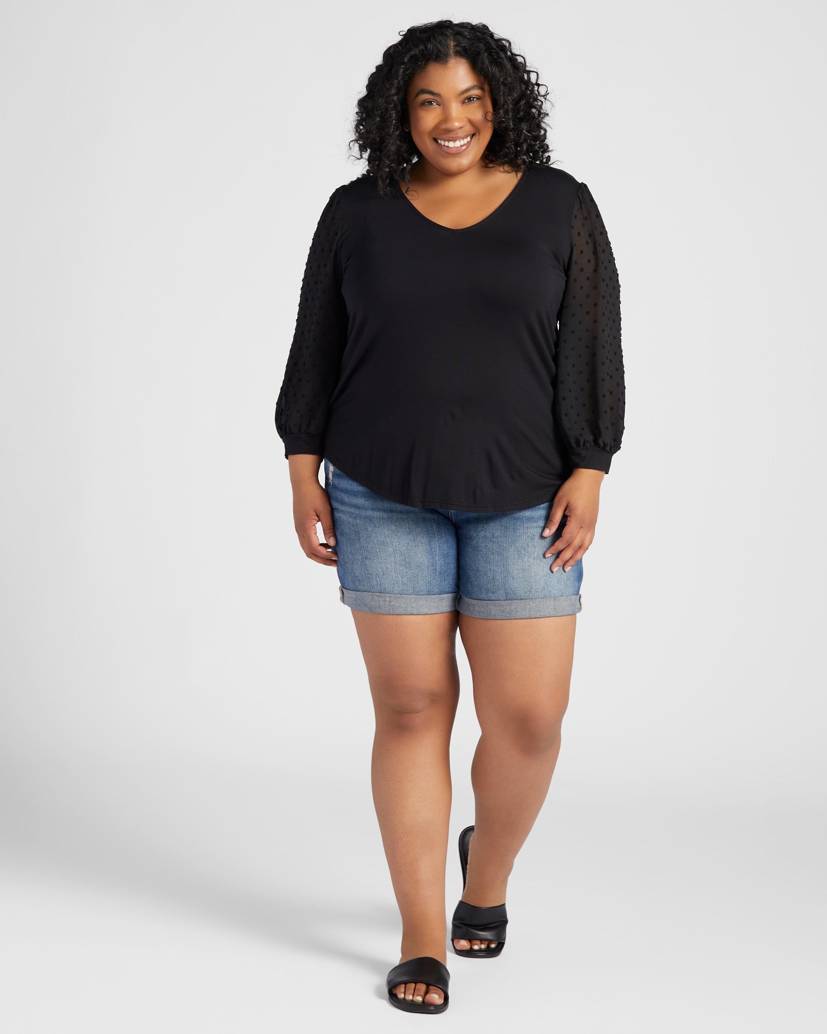 Black $|& West Kei V-Neck Top with Chiffon Sleeve - SOF Full Front