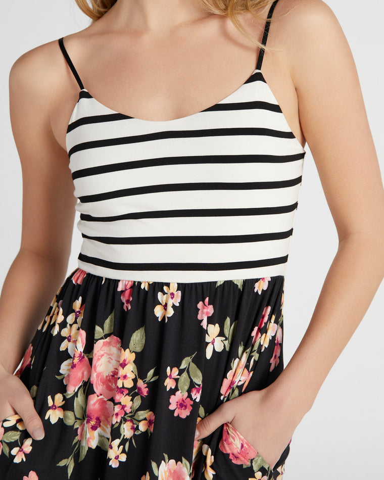 Black $|& Vanilla Bay Floral and Stripe Maxi Dress - SOF Detail