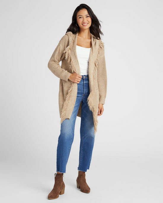 Sand $|& Cozy CO Hooded Fringe Open Cardigan - SOF Full Front