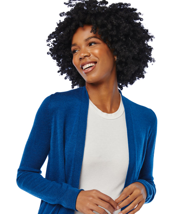 Sea Blue $|& Staccato Open Front Cardigan with Button Detail - SOF Detail