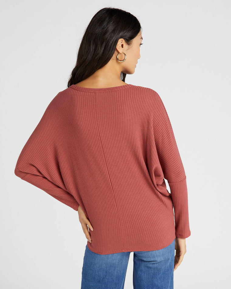 Mineral Red $|& W. by Wantable Hacci Ribbed Long Dolman Sleeve Top - SOF Back