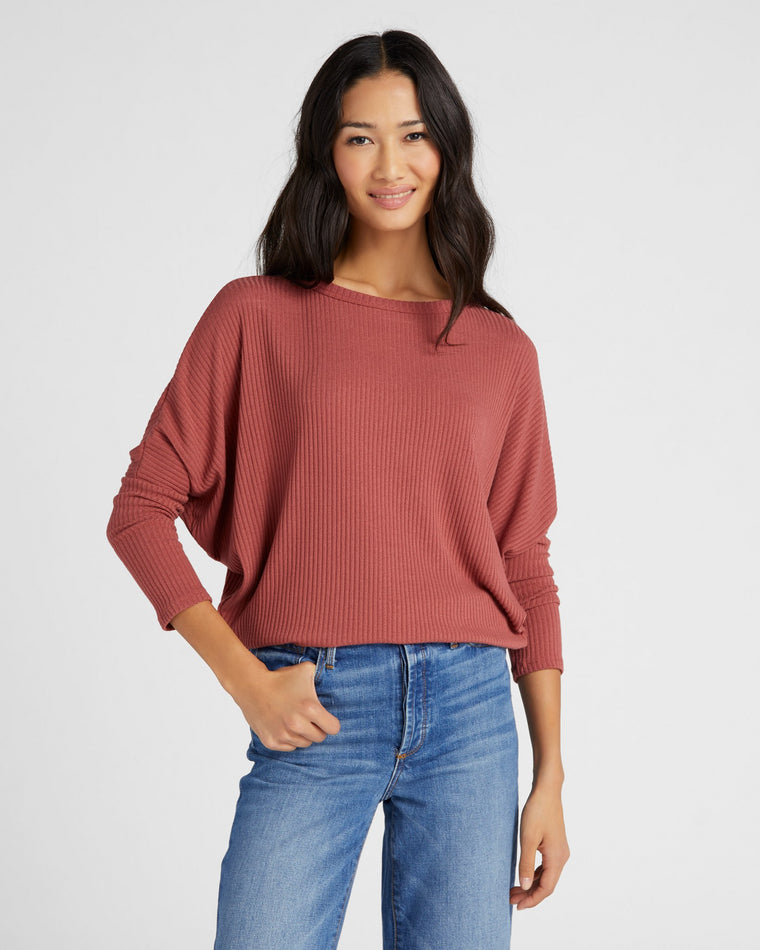 Mineral Red $|& W. by Wantable Hacci Ribbed Long Dolman Sleeve Top - SOF Front